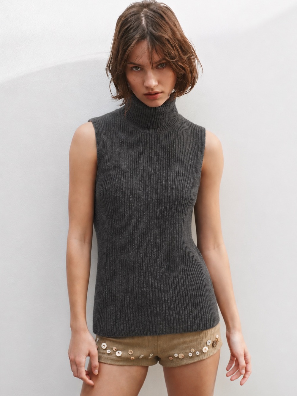 NWOT NakedCashmere Charcoal Sleeveless Ribbed Cashmere Mock Neck Top Size XS